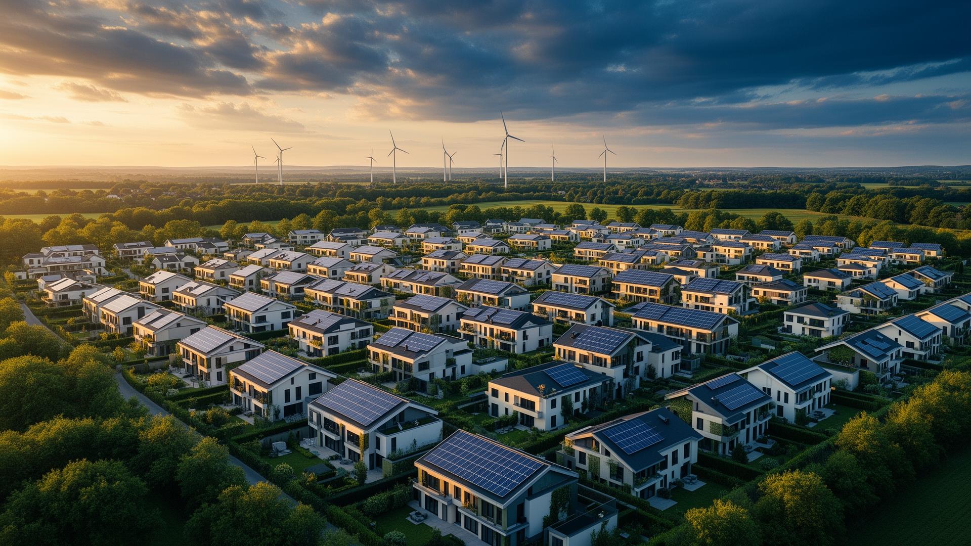 Quartier résidentiel européen équipé en panneaux solaires et éoliennes — efficacité énergétique